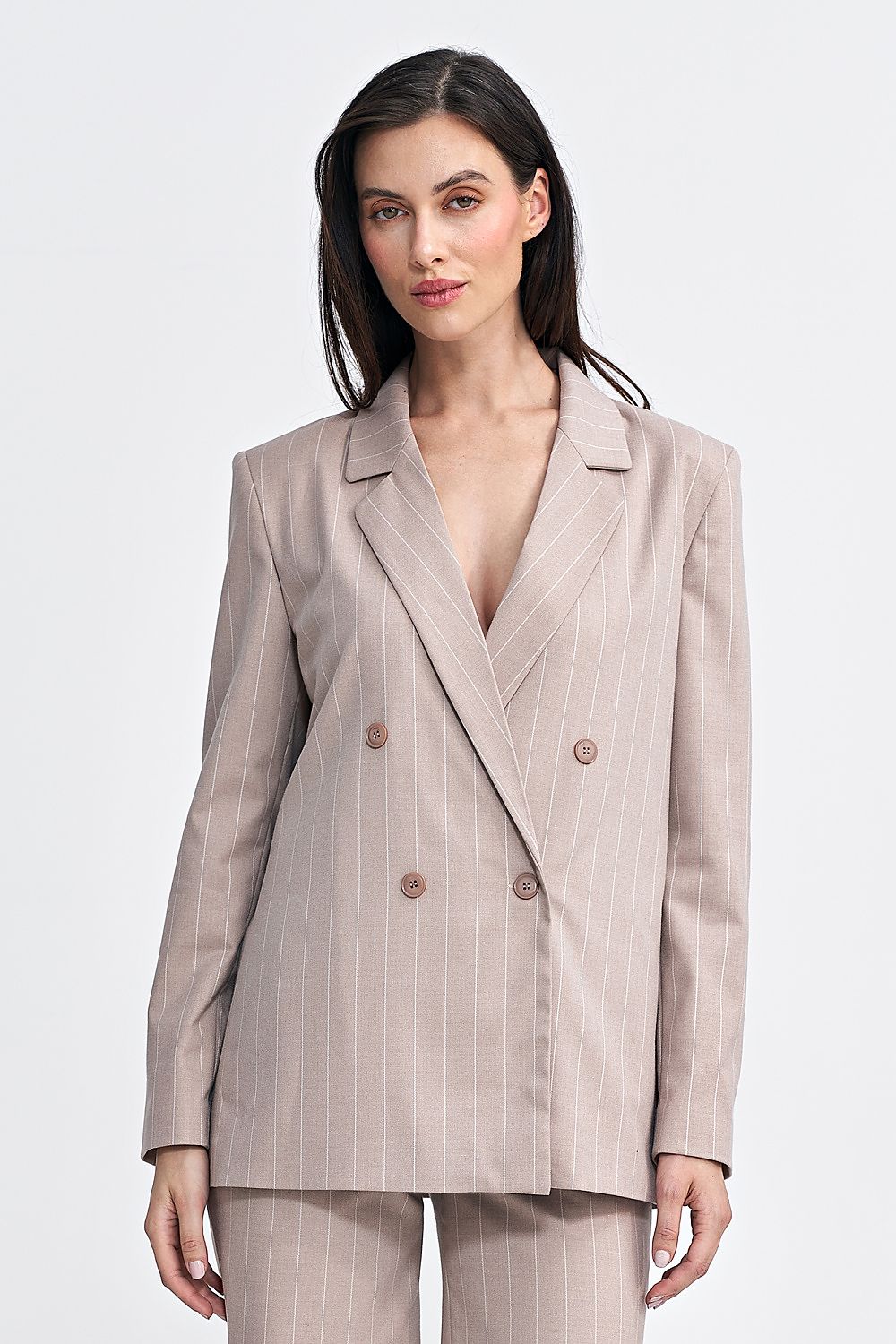   Marynarka oversize dwurzędowa prążek Z71 Beige - Nife 